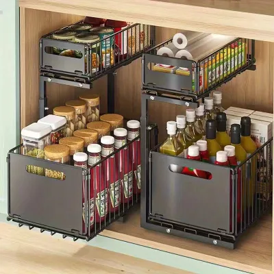 Kitchen Sink Under-Shelf Rack Double-Layer Pull-Out Foldable L-Shaped Floor-Standing Carbon Steel Storage Cabinet Organizer