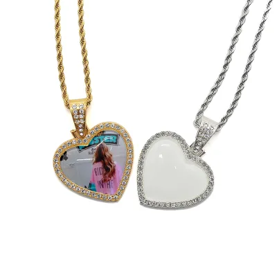 Custom Photo Picture Memory Heart Pendant Necklace Hip Hop Bling Jewellery with Sublimation for Promotional Party Supplies