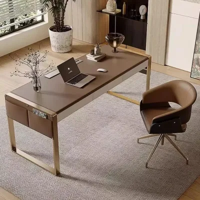 Light Luxury Minimalist Modern Premium Computer Desk Easy Assembly Durable Steel Saddle Leather MDF Ergonomic Design for