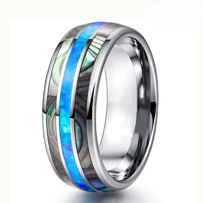 8mm Triple Channel Stainless Steel Ring Classic Abalone Shell Opal Style Unisex Wedding Engagement Party Gift Jewelry Band