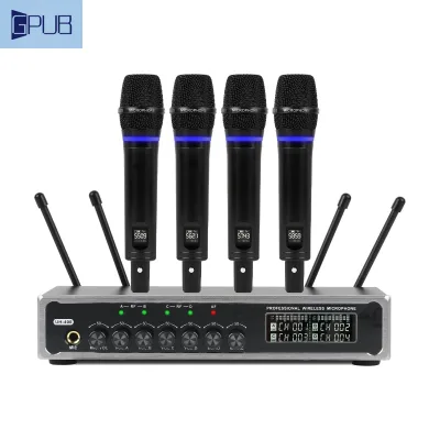 GPUB UHF Wireless Microphone One Drag Four Microphone Suitable for TV, KTV, Mobile Phone, Computer Singing Microphone System