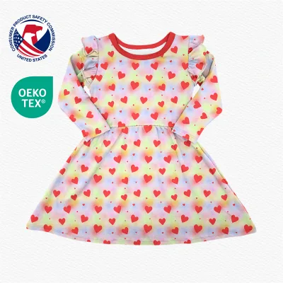 Custom Print Kids Bamboo Terry Jersey Ribbed Soft Fabric Long Sleeve Formal Ball Gown Knee-Length Dresses Girls
