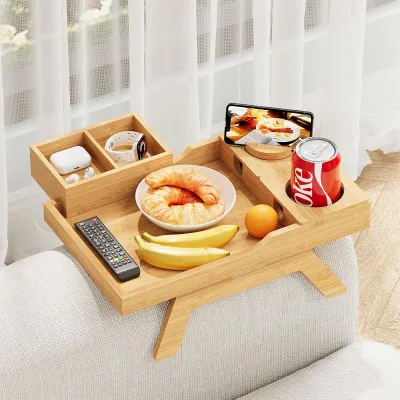 Multi-Function Folding Bamboo Sofa Armrest Tray TV Tray for Couch Use Kitchen & Bathroom Storage Trays for Food & Beverages