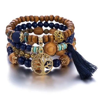 Bohemian Bracelet Multi-Layer Wood Beaded Bracelet Elastic Hand String Bracelets