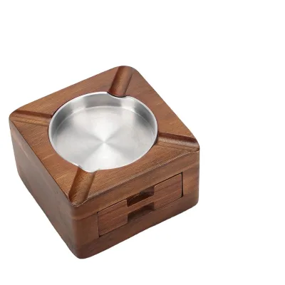 Classic Wooden Square Portable Cigar Ashtray with Accessories Drawer for Indoor/Outdoor Use in Home & Office