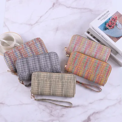 Factory Price Long Wallet Woven Pattern High-capacity Card Bag with Wrist Strap PVC Clutch Bag Women Slim Card Holder Wallet