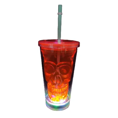 High Quality 16oz LED Flashing Double Wall Halloween Plastic Drink Cup with Lid and Straw for Parties