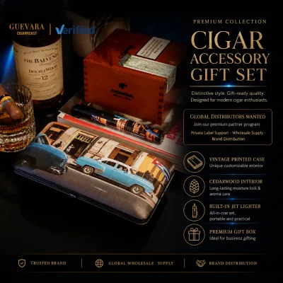 GUEVARA Portable Cedar Lined Cigar Humidor Gift Set Printed Leather Cigar Case with Torch Lighter Cigar Accessory Kit Wholesale