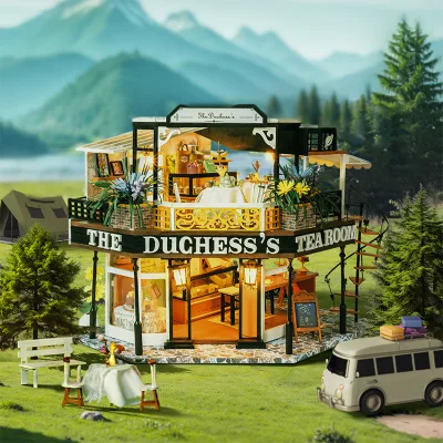 IIECREATE LED Doll House DIY Wooden Puzzles K-068 Duchess's Tea Room Miniature DIY Toy for Age 14+