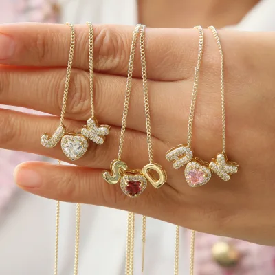DIY Hot Selling Month Birthstone Peach Heart Love Name Pendant English Alphabet Necklace Fashionable Pendants Charms