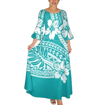 Hot Women Turquoise White Hibiscus Monstera Print Maxi Dress Round Neck Flare 3/4 Bell Sleeve High Waist Plus Size Samoan Dress