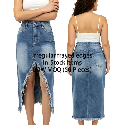 Irregular Denim Skirt Women High Waisted Raw Edge Distressed Vintage Washed A-Line Midi Skirt Frayed Hem Casual Jean Skirts