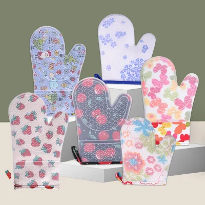 Solid Color Silicone Oven Mitts Translucent Anti-slip Heat Insulation Reusable Cotton Lined Dishwasher Safe Modern Style Kitchen