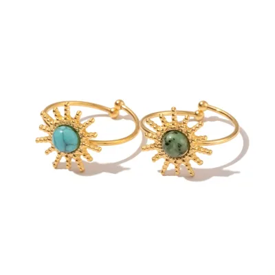 Gold Plated Stainless Steel Sun Shape Natural Stone Dainty Adjustable Rings Stacking Style