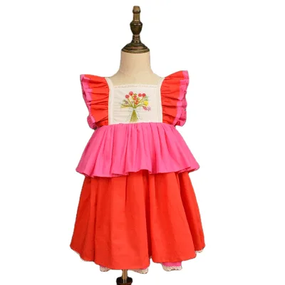 High Quality Floral Embroidery Ruffle Sleeve Princess Dress Breathable Cotton Linen Daily Dress for Little Girls