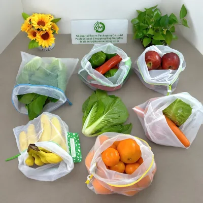 Barcode Scanable See Through Reusable Polyester Mesh Fruit Vegetable Net Produce Bag