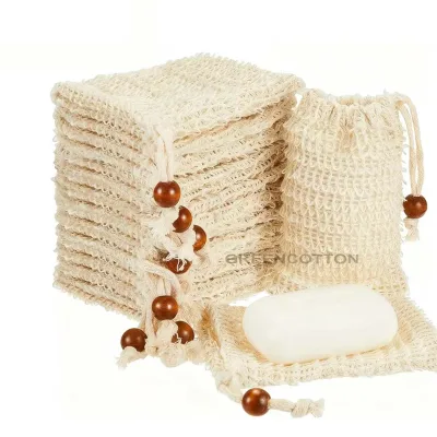 Custom Logo Soap Saver Bag Exfoliating Pouch With Drawstring Bag With Wooden Bead Foaming and Drying Soap Bath and Shower
