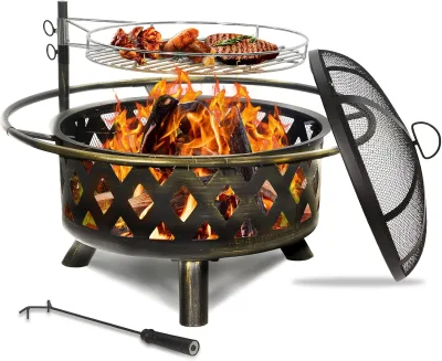 30 Inch Outdoor Wood Burning Firepit Large Steel Firepit with Cooking Swivel