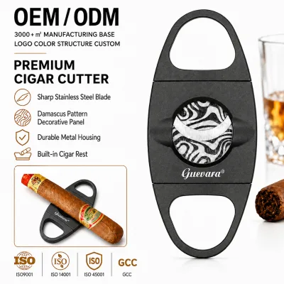 GUEVARA Luxury Double Blade Stainless Steel Cigar Cutter Damascus Grain Decorative Cover Portable Durable Cigar Rest Accessories
