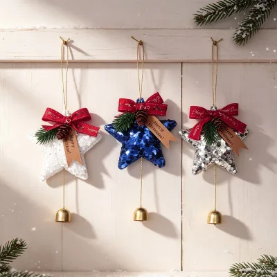 WOWEI Plastic Sequined Five-Pointed Star Santa Pendant for Christmas Tree & Window Decorations