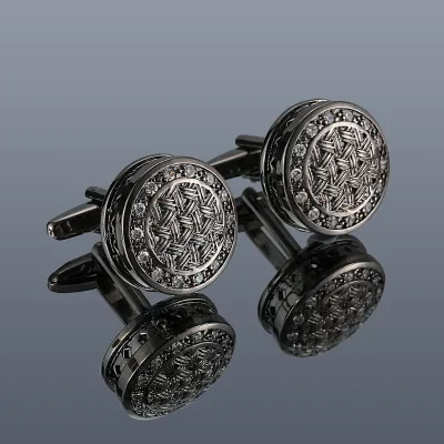 Vintage Rhinestone Gun Grey Round Shirt Cufflinks