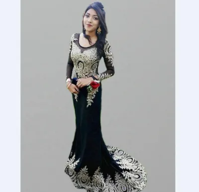 Lady Fish Tail Gold Laces Black Long Sleeve Evening Dress