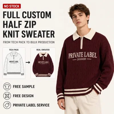 OEM Sweater Expert Mens Wine Red Half Zip up Polo Collar Cable Knit Graphic Embroidery Heavyweight Oversized Loose Sweater