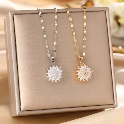 Chain necklace ,Luxury Diamond Sunflower Pendant Necklace Gold Plated Sunflower Necklace for Women Sunshine Flowers Necklace