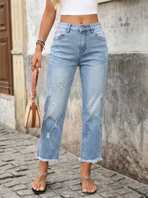 Women Light Blue Washed Distressed Straight Crop Jeans Ripped Frayed Raw Hem 8 Length Denim Capri Pant Casual Ladies Ankle Jeans