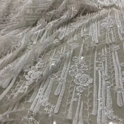 White Heavy Embroidered Knitted Weft Lace Fabric with Beaded Sequin and Mesh Breathable for Wedding Dresses