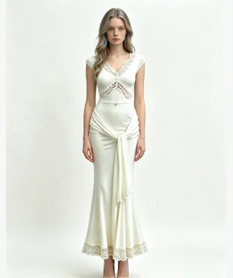 Women V Neck Cap Sleeve Mermaid Maxi Dress Lace Cutout Waist Knot Ribbed Bodycon Long Dress