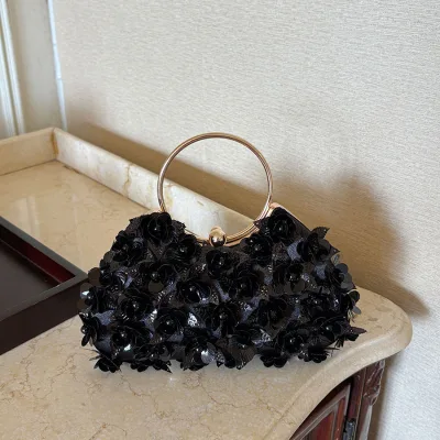 Vintage Sequin Beaded Black Flower Evening Bag Ladies Clutch Bag Circular Ring Hand-held Banquet Bag Wedding Party Women's Bag