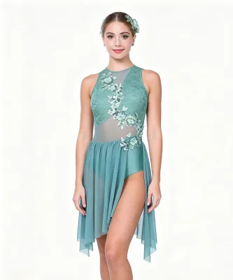 Women Mint Green Lace Contemporary Dance Dress Sleeveless Mesh Skirt Ballet Performance Costume for Stage Competition