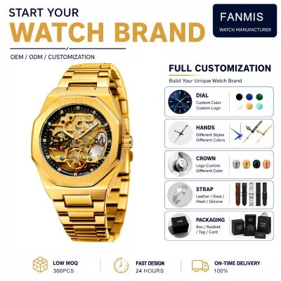 For Custom Logo Men's Fashionable Fully Automatic Mechanical Watch Luminous Skeleton Design Alloy Case Mineral Glass Dial
