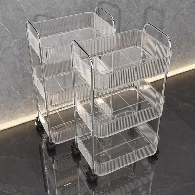 Multi-Layer Transparent Storage Cart Movable Floor Rack for Car Rental Snack Storage with Clear Trolley