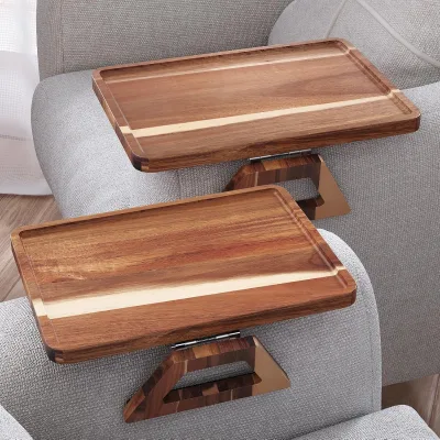 Foldable Classic Acacia Wood Sofa Armrest Tray Clip-On for Home Use Drinks Snacks Phone & Remote Control