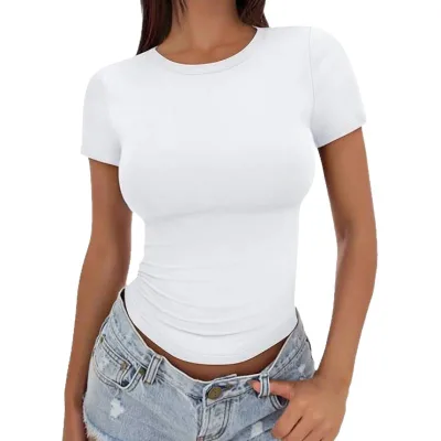Wholesale 2026 Summer Casual Crop Top All Match Tight Crew Neck Short Sleeve Slim Fit Soft Polyester Womens T-Shirt