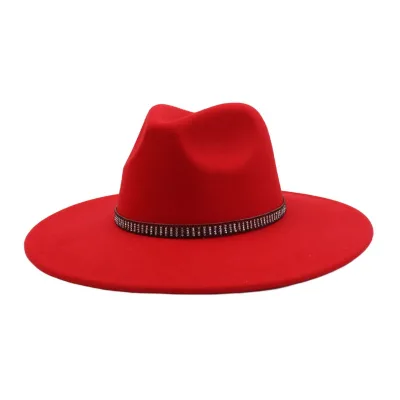 Ready to Ship Fashion Show Crystal Rhinestone Decorated Felt Fedora Flat Large Brim Sunproof Top Hat