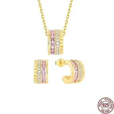 Gold Plated S925 Silver Circle Necklace Earring Set Pink Zirconia Pendant-Everyday Wear Jewelry for Birthday Anniversary Gifts