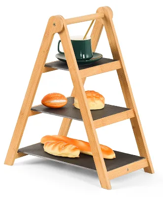 Elegant Eco-Friendly Food Presentation Tray Bamboo Cake Stand with Slate Plates Foldable Dessert Display for Afternoon Tea