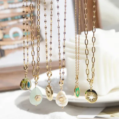 DIY High-grade Stainless Steel 18K Gold Plated Turquoise Pendants with Link Chain for Party & Anniversary