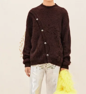 KD Knitwear Manufacturer OEM Ribbed Alpaca Wool Asymmetric Buttoned Closure Relaxed Fit Wool Men Asymmetric Cardigan Sweater