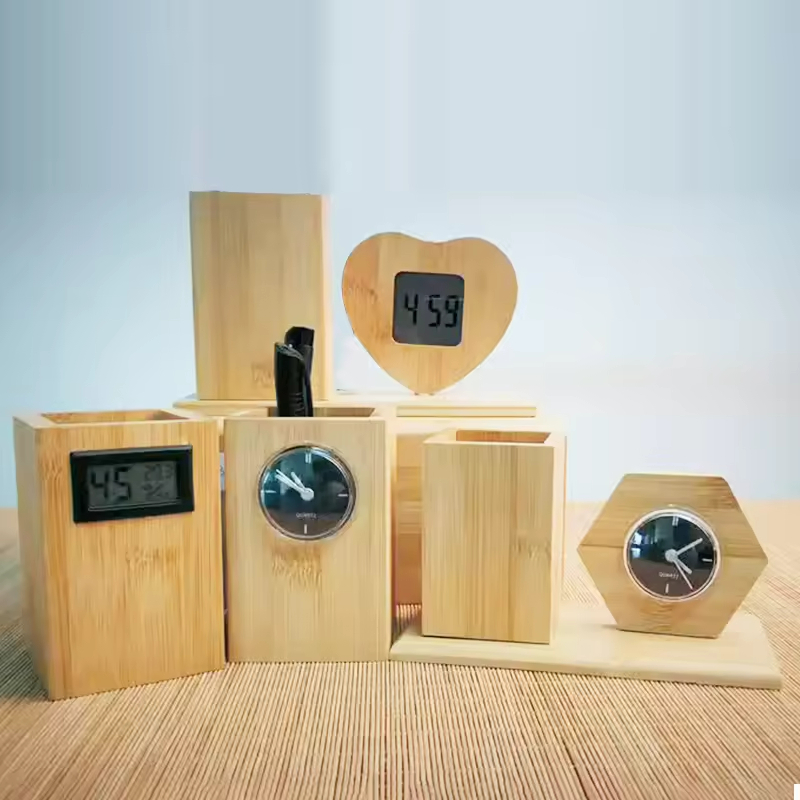 Personalized Eco-Friendly Gifts Wooden Pen Holders Home Bedroom Quartz Clock Office Desktop Bamboo Pen Holder Alarm Clock