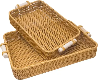 Rectangular Rattan Serving Tray Decorative Woven Wicker Trays with Handles