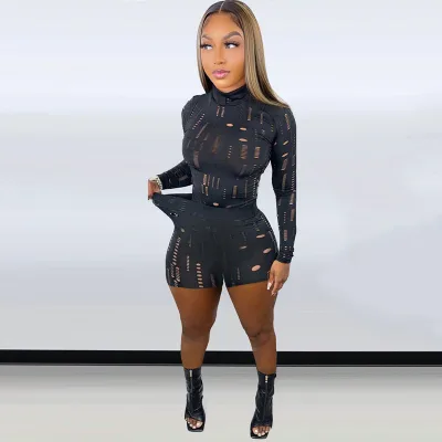 Wholesale Hollow Out 2/Two Piece Shorts Set Summer Long Sleeve Top High Waist Shorts Women Casual Set