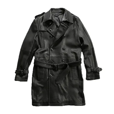Derma Jacket Large Lapel Double Breasted Mid-length Parkas Genuine Leather Windbreaker Men's Real Leather Belt Goatskin Overcoat