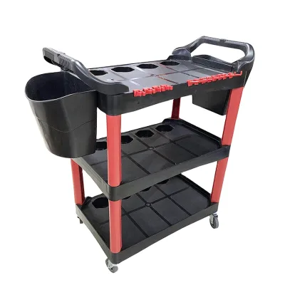 Multi-Purpose Auto Beauty Trolley Garage Car Washing Shop Three-Story Auto Beauty Tool Cart with Bucket and Blottle Hook