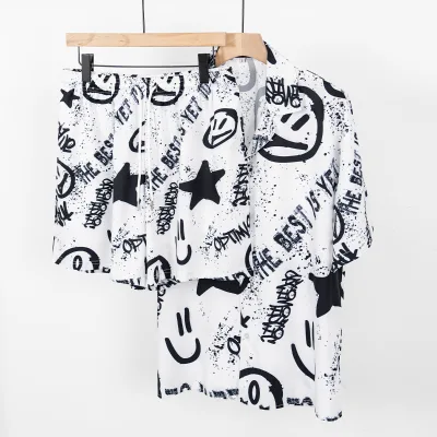 Summer Oversized Clothing Two Piece Tshirt and Shorts Set 100% Polyester Graffiti Wind Print 2 Piece Men Shorts Set
