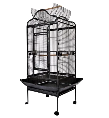 Hot Sale Large Antique Style Wrought Iron Bird Breeding Cage Hammered Black Open Top Pet Aviary with Solid Pattern Packed in Box