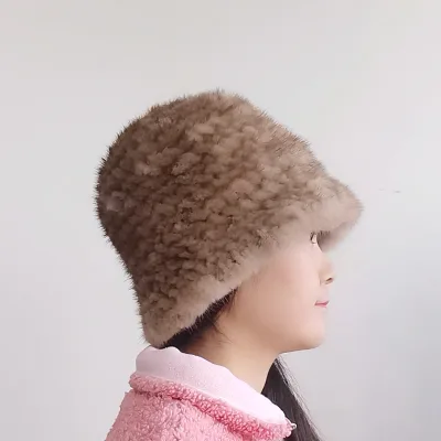 Customized Logo Embroidered Mink Fur Bucket Hats Factory Winter Ski Sports Warm Knitted Beanie Hat